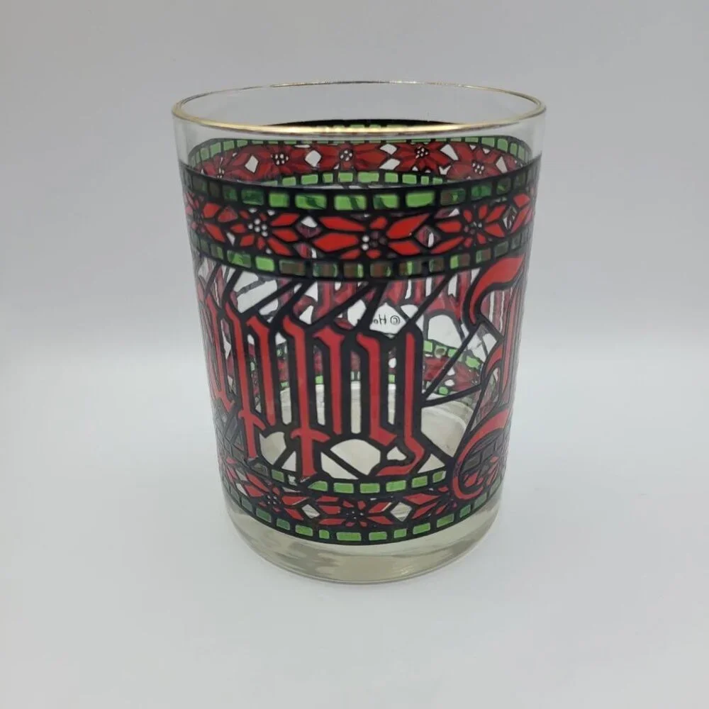 Houze Happy‎ Holidays Stained Glasses Cups Red Green Gold Poinsettia Christmas